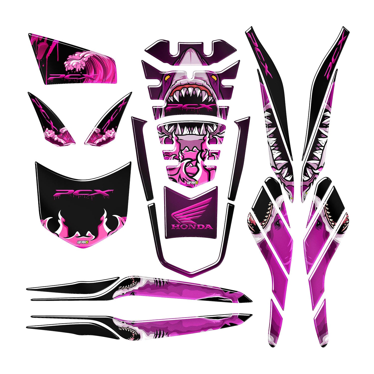 Honda PCX Angry Bloody Shark Pembe Tank Pad Set (2021-2024)